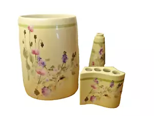 Porcelain Waste Basket 10" Floral VTG Trash Can Soap Dispenser Toothbrush Holder - Picture 1 of 12