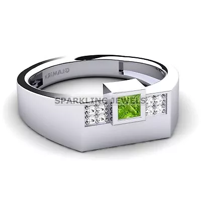 Piedras preciosas de corte cuadrado de peridoto con anillo de plata de ley 925 para hombre #D216 Foto 1 de 4
