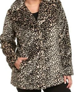 DKNY JEANS Faux Fur Leopard Coat Swing Print Party Coat Womens M 8 - Picture 1 of 1