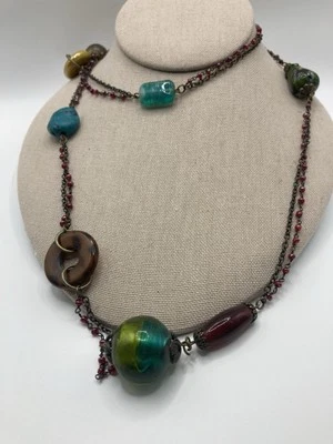 "Cinturón collar vintage Treska azul/verde/marrón con cuentas de vidrio 36"" boho hippie" Foto 1 de 4