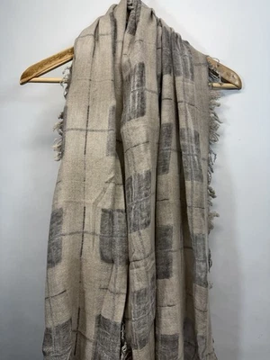 Eileen Fisher Scarf Wrap Wide Plaid Windowpain Neutral White Gauzy Fringe - Image 1 of 4