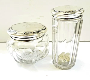 Two R Wallace and Sons Sterling Silver Lidded Glass Vanity Jars Powder Cylinder - Picture 1 of 18