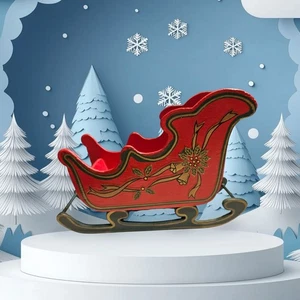 Vintage Santa Sleigh All Wood Red Green Gold Hold Candy, Cards Floral 7x5" - Picture 1 of 3
