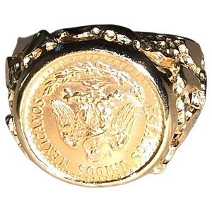 DOS Pesos 1945 Mexicanos 22K Gold Coin & 14K Gold Ring Size 6, 7.5 Grams - Picture 1 of 9