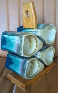 Vtg Rodolfo Padilla Blue Drip GlazeMug Set Of 4, Signed, with Wood Stand Mexico - Picture 1 of 15