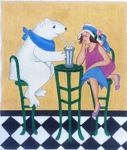 Polar Bear Ice Cream Soda Hand Painted Needlepoint Canvas 18 Charlotte McDonnell - Picture 1 of 5