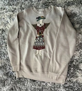 Oneita Power Sweats Large Beige Vintage Sweatshirt Embroidered Patchwork Lady - Picture 1 of 5