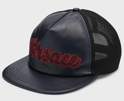 NWT Versace Black Leather Red Embroidered Logo Mesh Trucker Cap Hat Sz 58 $750 - Image 1 of 4