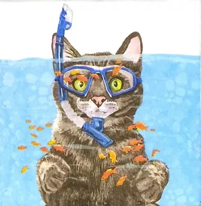S271 x Tovaglioli di Carta Singoli PICCOLI per Decoupage Gatto Nuoto con Pesce Snorkeling - Foto 1 di 5