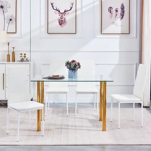 Clear Tempered Glass Dining Table Golden Leg&4x White Faux Leather Dining Chairs - Picture 1 of 9