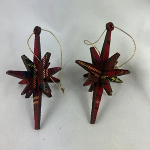 Red Plaid Snowflake Ornament Set Of 2 Wood 4” Star Sphere Textured Christmas - Picture 1 of 3