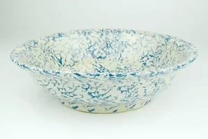 Antique Stoneware Spongeware Wash Bowl Blue and White Pottery Basin Sponge Water - Picture 1 of 7