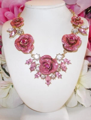 BETSEY JOHNSON SPARKLING PINK CRYSTAL AND RHINESTONE INLAY FLORAL PAVE NECKLACE - Image 1 of 4