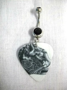 NEW SALE BLACK ON WHITE JAGUAR COUGAR HEAD PRINTED GUITAR PICK 14g NAVEL BARBELL - Picture 1 of 1