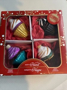 Max Glass Blown Glass Cupcake Christmas Ornaments Set of 4 Glittery Poland New - Picture 1 of 1