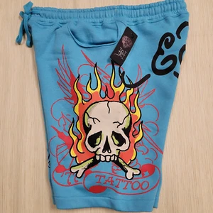 MENS ED HARDY SKULL TATTOO BLUE DRAWSTRING SWEAT SHORTS SIZE L - Picture 1 of 4