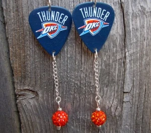 Blue OKC Thunder Guitar Pick Earrings with Orange Pave Bead Dangles - Picture 1 of 3