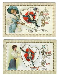 Vintage Wessler Valentin Postkarten (2) hübsche Damen Männer in Herzen - Bild 1 von 2