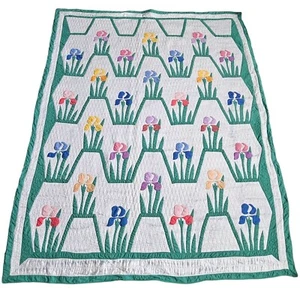Antique Mountain Mist Iris Quilt Hand Stitched Hand Quilted Applique 90"X68" - Picture 1 of 23