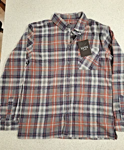 BoohooMan Checkered Long Thin Flannel Shirt Size M Green & red Sleeve Button-Up - Picture 1 of 5