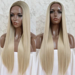 Ombre Brown Blonde Hair Silky Straight Synthetic Lace Frontal Wigs Fashion Women - Picture 1 of 5