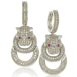 Suzy Levian Sterling Silver Cubic Zirconia Tiger Dangle earrings 925 Panther - Picture 1 of 8