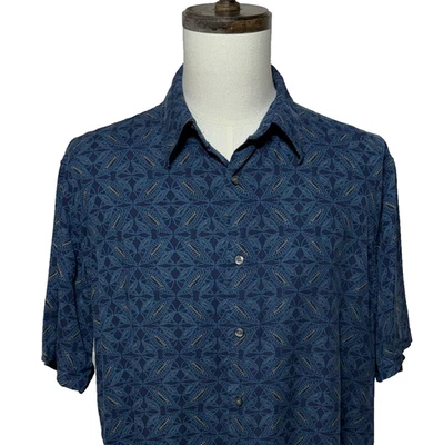 Alfani Shirt Mens XL Navy Blue 100% Silk Button Up Tropical Beachy Coastal - Image 1 of 4