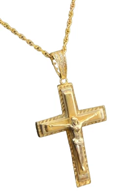 14K Yellew Gold Raised Crucifix Two-Tone Pendant W/cz 18" Chain Necklace - Image 1 of 4