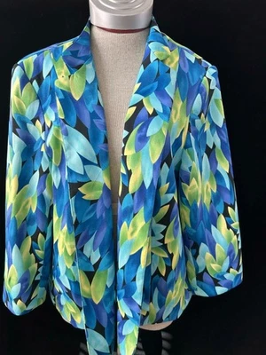 Blazer Kim Rogers Talla 16 Hombreras Forradas Frente Abierto Azul Verde Hojas Foto 1 de 4