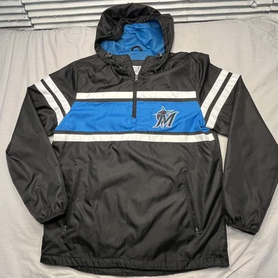 Miami Marlins Jacket Mens Medium Black Blue MLB Baseball Hooded Pullover Anorak - Image 1 of 4