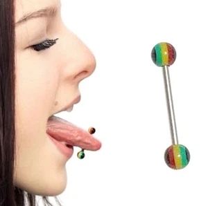 STERILIZE PACK: SMALL RASTA BALLS TONGUE BARBELL, Surgical Steel 14g 5/8" Length - Picture 1 of 8