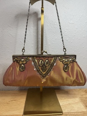 CARLO FELLINI Evening Bag CLUTCH Iridescent Bronze & Pink With Beaded Accent - Image 1 of 4