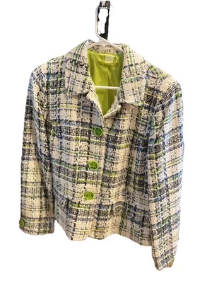 Sigrid Olsen Black White Plaid Tweed Jacket Lime Green Buttons Liner 14 Petite - Image 1 of 4