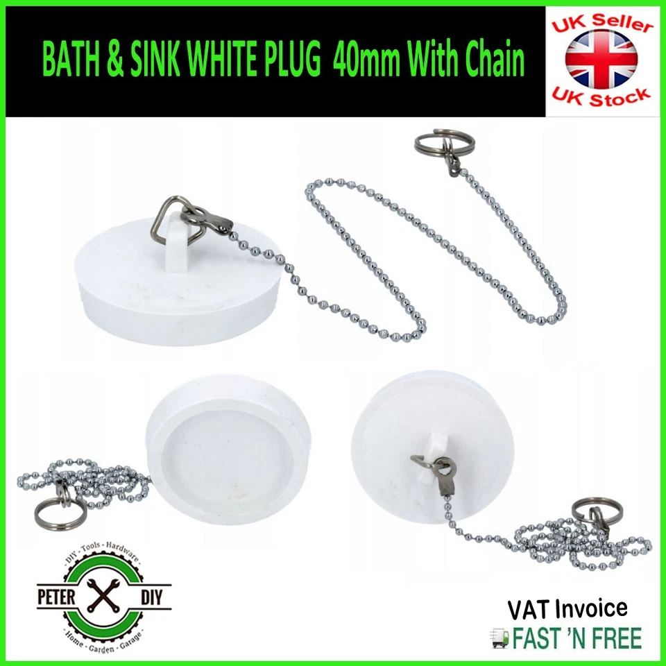 BATH & SINK WHITE PLUG  40mm With Chain - Image 1 of 1