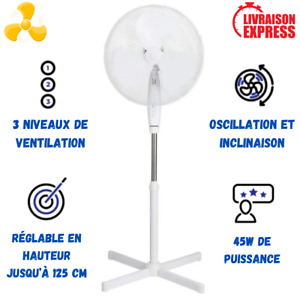  Ventilateur sur Pied à Oscillation 45W 3 Puissance Hauteur réglable 125cm Blanc