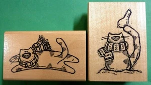 Juego de estampillas de goma de gatos de Navidad, 2 piezas, montadas en madera - Imagen 1 de 1