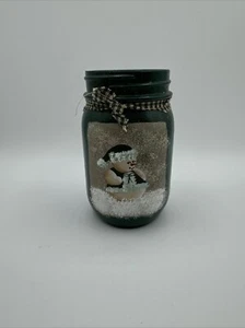 RUSTIC PAINTED SNOWMAN MASON JAR / CHRISTMAS DECORATION WITH PLAID BOW - Picture 1 of 7