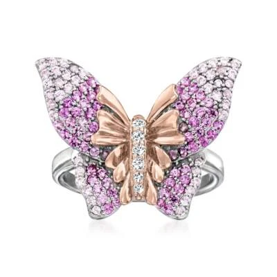 Maravilloso Anillo Diseño Mariposa 925 Dos Tonos Plata de Ley Rosa y Blanco Circonita Foto 1 de 4