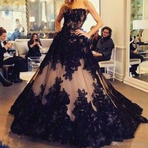 Gothic Lace Wedding Dresses Black and Champagne Sleeveless Bridal Ball Gowns - Picture 1 of 9
