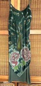 Women’s vintage boho kiwi green dress, embroidered peacock design, on straps - Picture 1 of 4