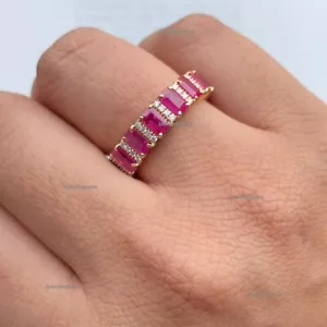 Emerald Cut Natural Ruby & Real Pave Diamond Full Eternity Band Ring 14k Gold - Picture 1 of 7