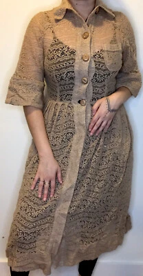 Vestido Tracy Reese 2 Beige Tostado Crochet Ojales Lana Transparente Algodón Boho Botón Cálido Foto 1 de 4