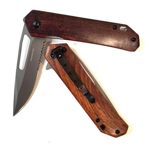 8"Red Wood Handle Spring Assisted Folding Pocket Knife - Picture 1 of 5