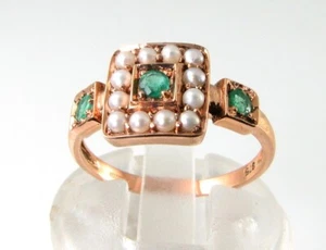 ANILLO INS ART DECO RACIMO CUADRADO PERLA ESMERALDA ORO ROSA 9K 9CT CAMBIO DE TAMAÑO GRATUITO - Imagen 1 de 7