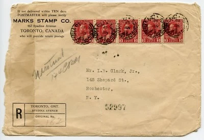 Marks Stamp Co. Toronto Canada Registered Letter 1925 to Rochester N.Y.  USA Foto 1 de 2