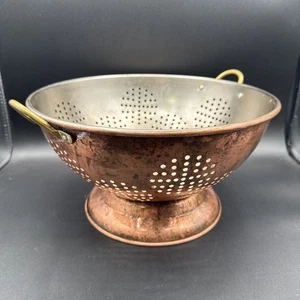 Vintage Large 12'' Copper Colander Strainer with Brass Handles- Pedestal Footed - Picture 1 of 8