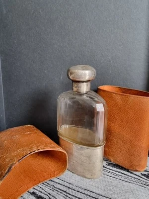 Silver And Glass Antique Hip Flask And Stirrup Cup - Image 1 of 4