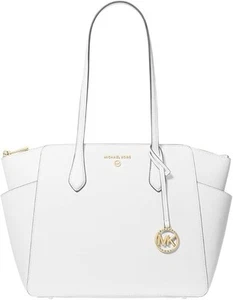 Borsa Michael Kors Marilyn Saffiano in pelle media con zip superiore bianca ottica prezzo al pubblico consigliato $228 - Foto 1 di 3