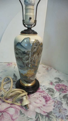 VTG  Hand Painted Porcelain Chinese Village/Mountain Gold Trim WOOD top bottom - Image 1 of 4