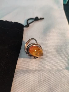 Vintage Art Deco Amber And 925 Silver Ring Flower Design Beautiful Ring - Picture 1 of 10